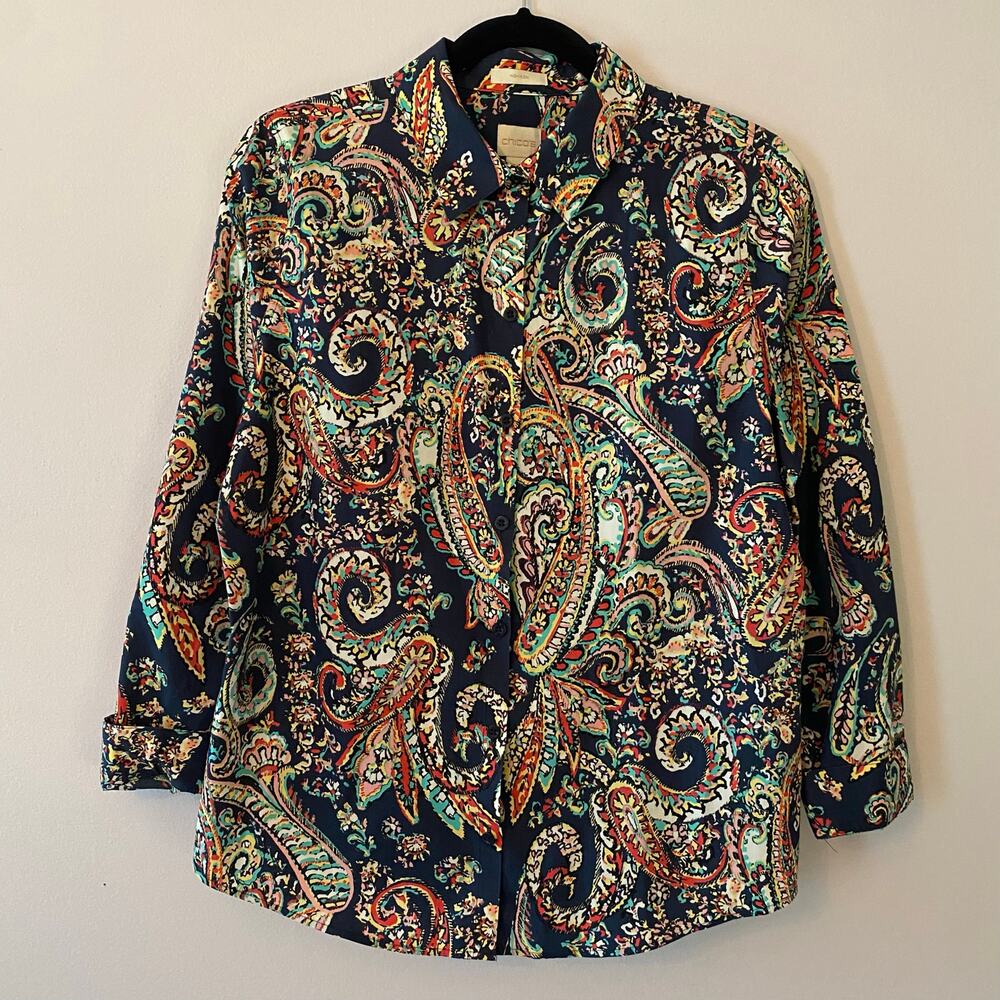 Chico's Navy Blue Paisley Button Down Shirt Cotton Women's size 1 / Medium / 8